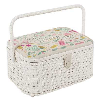 Large Embroidered Sewing Box, closed, showing oval shape, 'My Sewing' embroidered lid, and wicker sides/handle.
