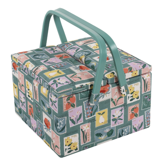 Large Embroidered Stamps Sewing Box with Twin Lid, closed, showing embroidered stamp design and handles