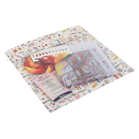 Large Haby Notions Project Pouch with transparent front showing embroidery floss and fabric
