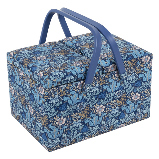 Large Woodblock Floral Sewing Box with Twin Lid, closed, showing floral print and handles