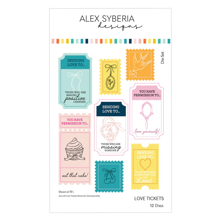 Set of die-cut tickets with motivational phrases by Alex Syberia Designs on a white background.