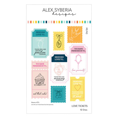 Set of die-cut tickets with motivational phrases by Alex Syberia Designs on a white background.