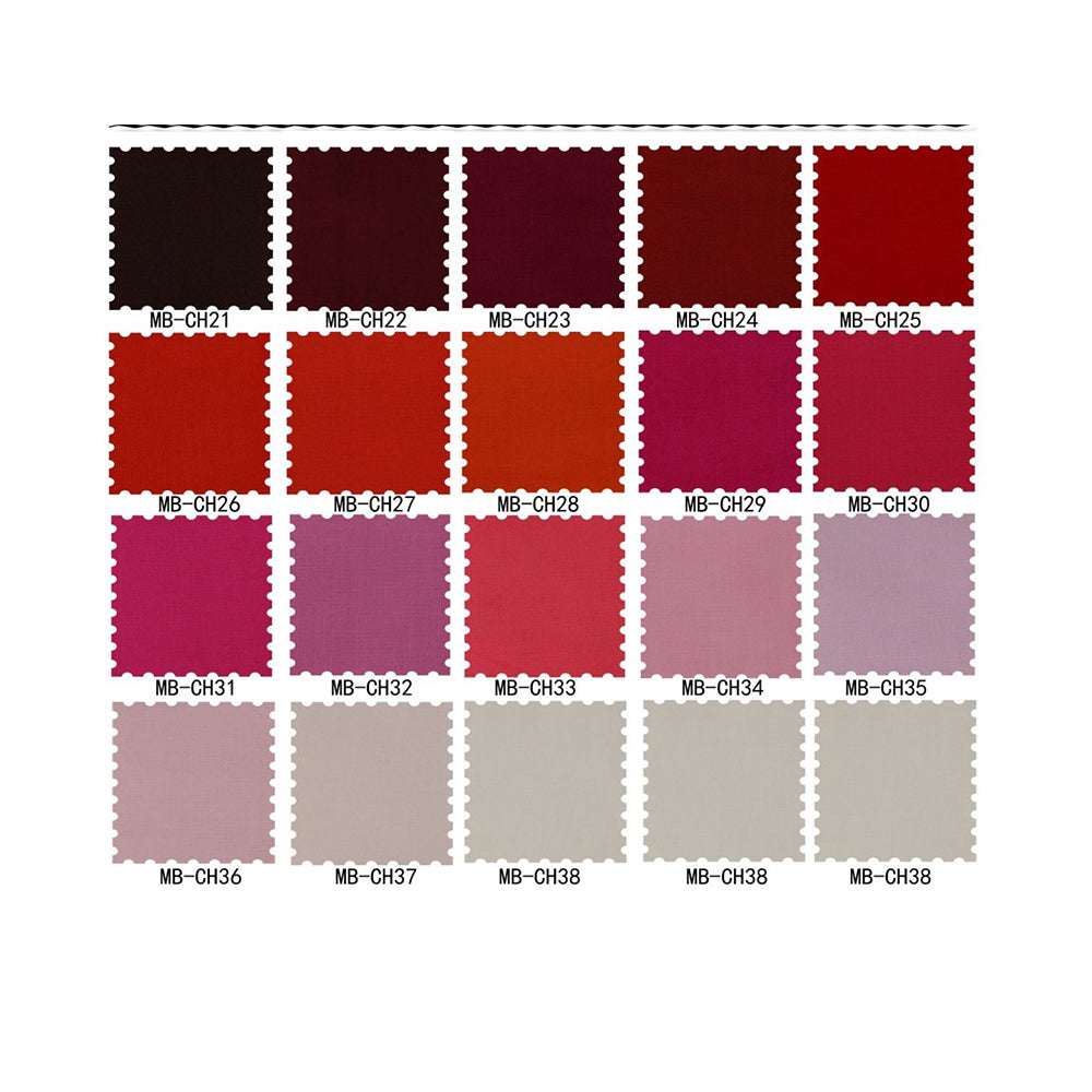 Color swatch chart with various shades of red, pink, and brown on a white background.