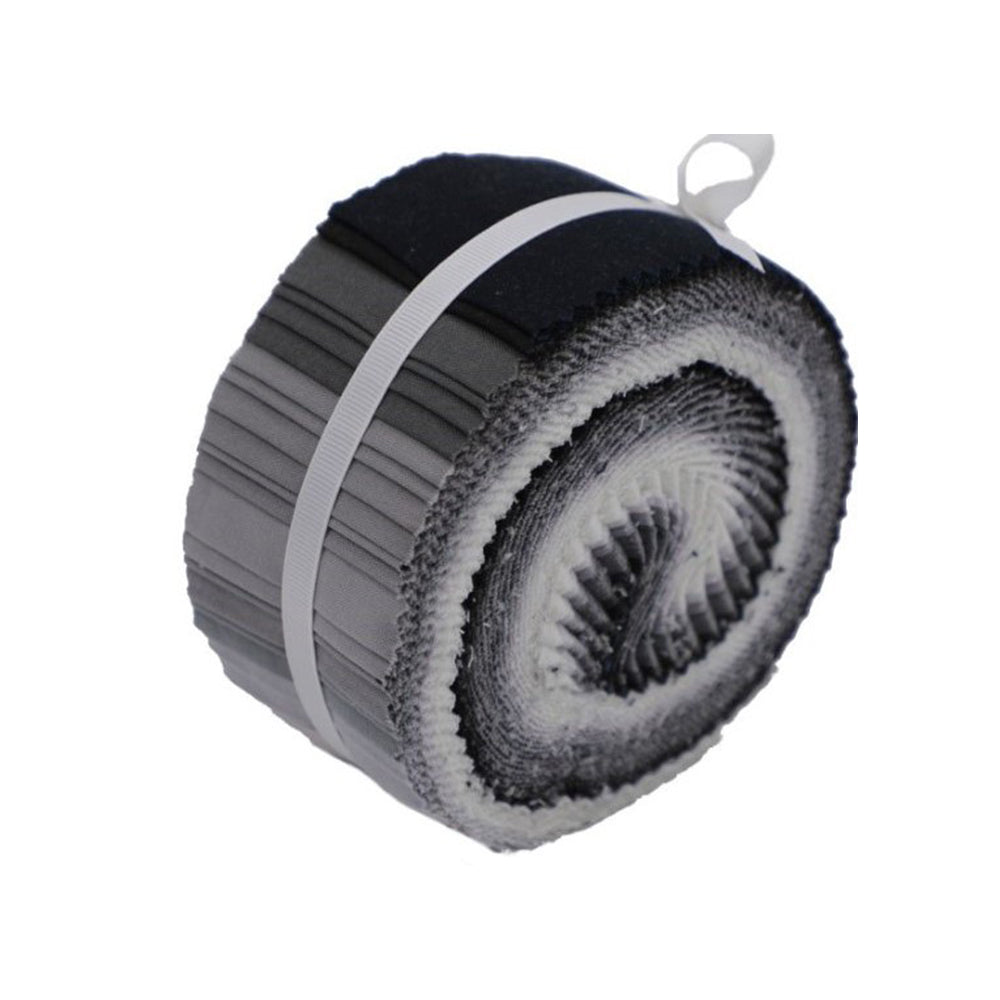 Roll of gray and black fabric with a white band on a white background