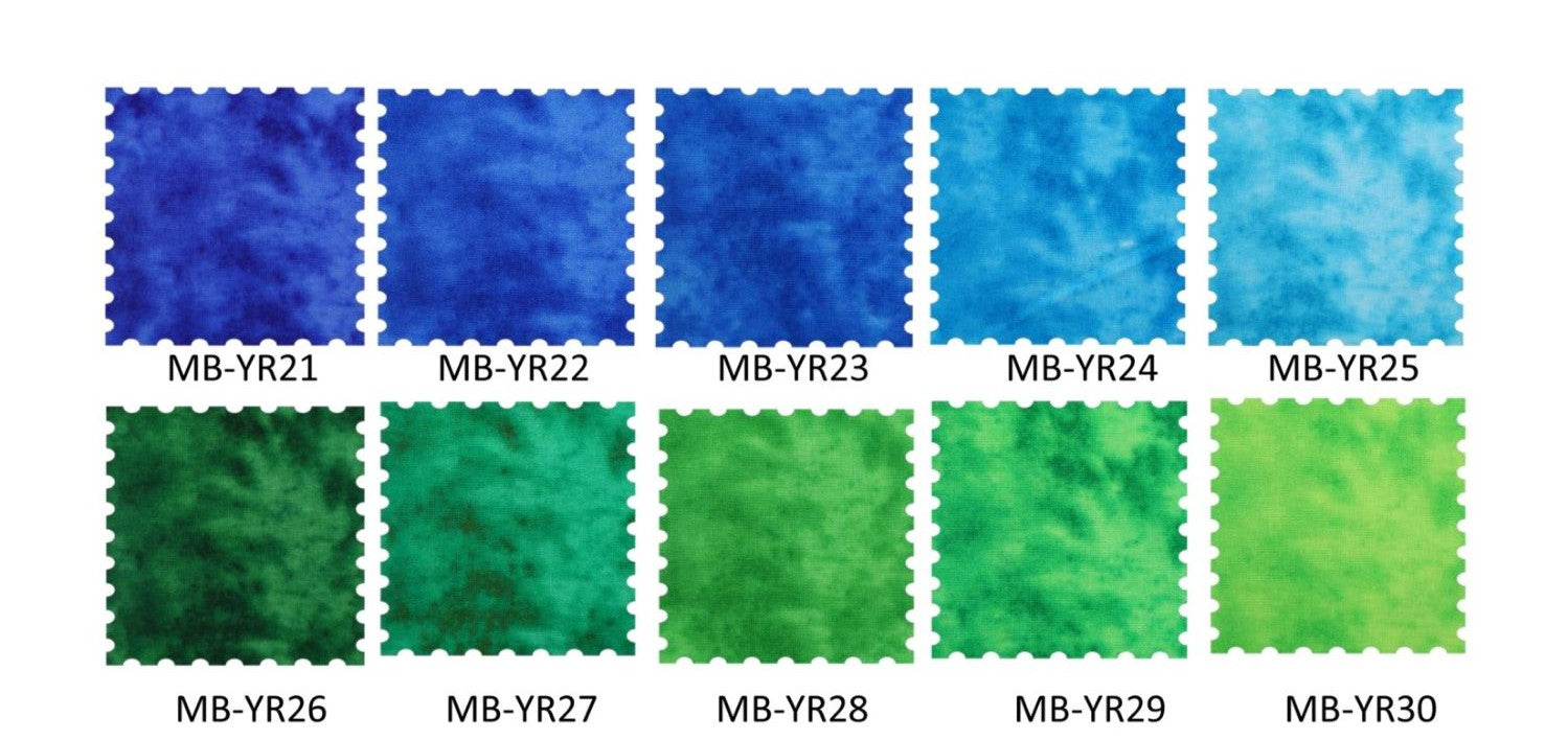 Color swatches of blue and green shades with labels MB-YR21 to MB-YR30 on a white background.