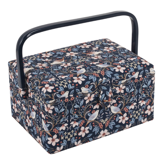 Medium Blossom Birds Sewing Box, closed, showing floral and bird print with magnetic clasp