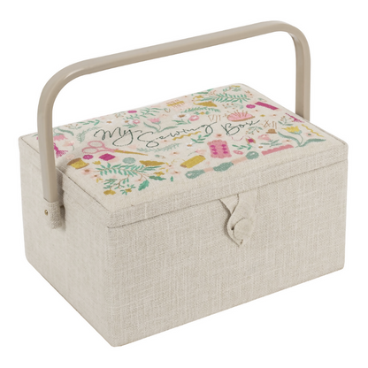 Medium Embroidered Sewing Box, closed, showing 'My Sewing' embroidered design and magnetic clasp