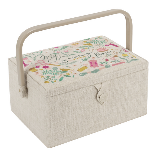 Medium Embroidered Sewing Box, closed, showing 'My Sewing' embroidered design and magnetic clasp