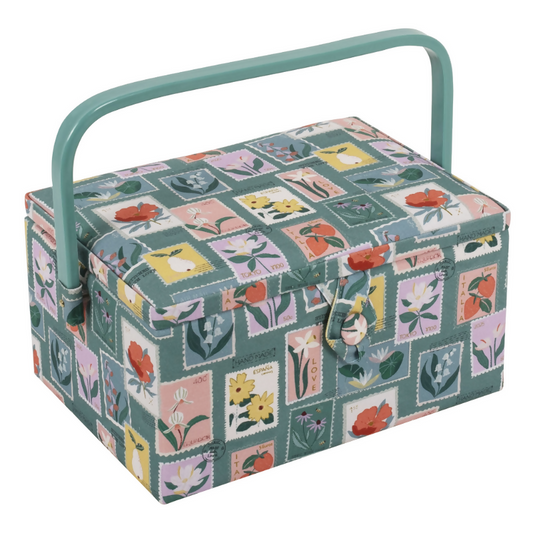 Medium Embroidered Stamps Sewing Box, closed, showing embroidered vintage stamp design and magnetic clasp