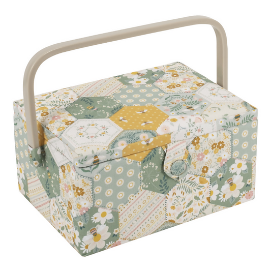 Medium Patchwork Bee Sewing Box, closed, showing patchwork bee print and plastic handle