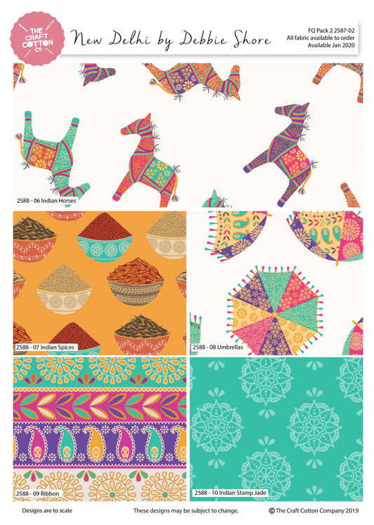 Collection of colorful fabric patterns by Debbie Shore from The Craft Cotton Company.