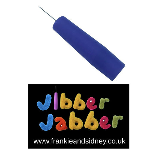 Blue textured object with 'Jibber Jabber' colorful letters and website URL on a white background