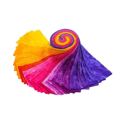 Colorful fabric swatches arranged in a circular pattern on a white background