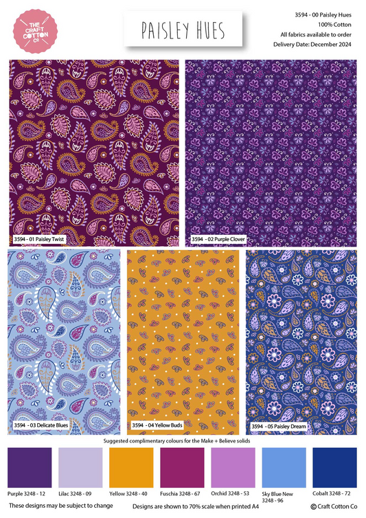 Fabric swatches with paisley patterns in various colors and a color palette below.
