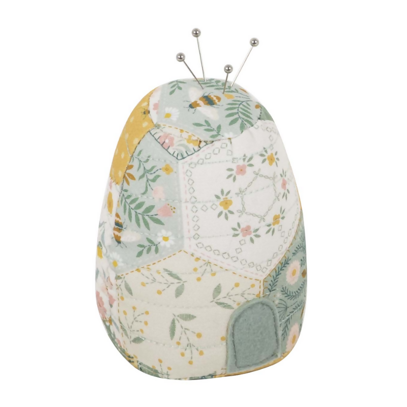 Patchwork Bee Beehive Pincushion, showing beehive shape and patchwork bee design