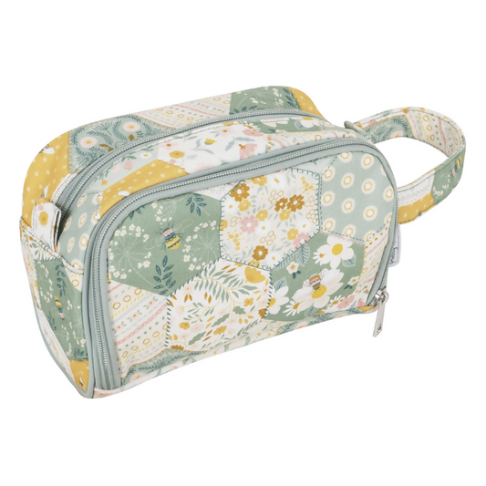 Patchwork Bee Crochet Bag with Pocket, closed, showing patchwork bee design and short handle