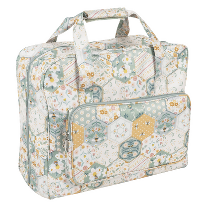 Patchwork Bee Sewing Machine Bag, closed, showing modern patchwork print and handle