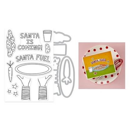 Set of 'Santa is Coming! Santa Fuel' cutouts with a plate featuring a 'Santa Fuel' card on a pink background.