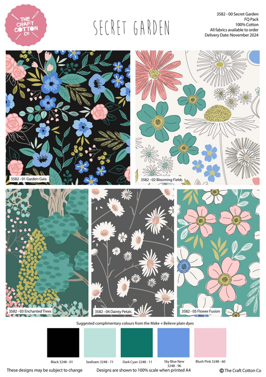 Collection of floral patterns with color swatches and branding information from 'The Craft Cotton Co'.