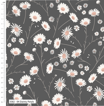 Floral pattern with white and pink flowers on a dark gray background, featuring a ruler on the left side.