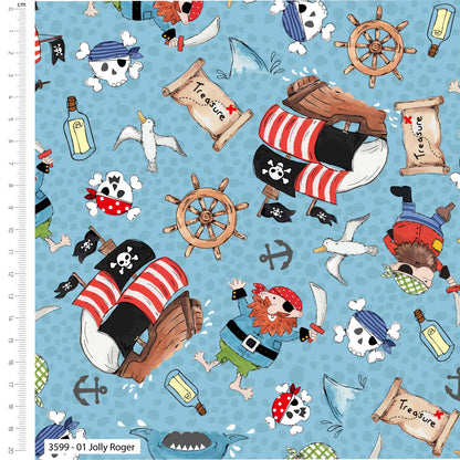 Pirate-themed fabric with characters and elements on a blue background