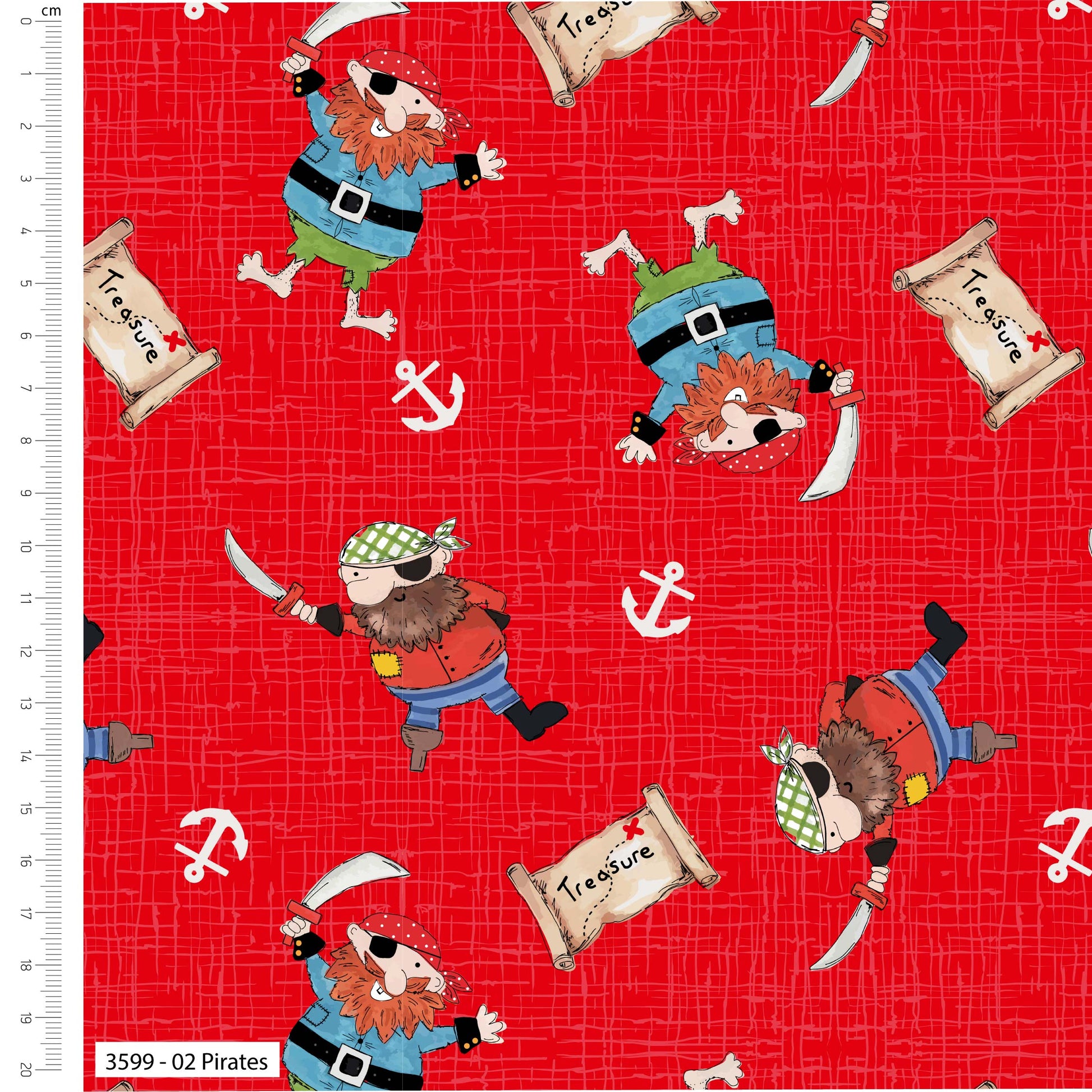 Fabric with pirate-themed design on a red background