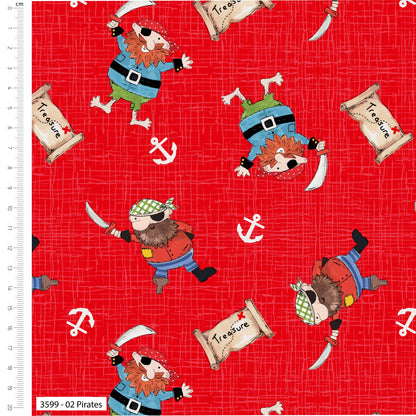 Fabric with pirate-themed design on a red background