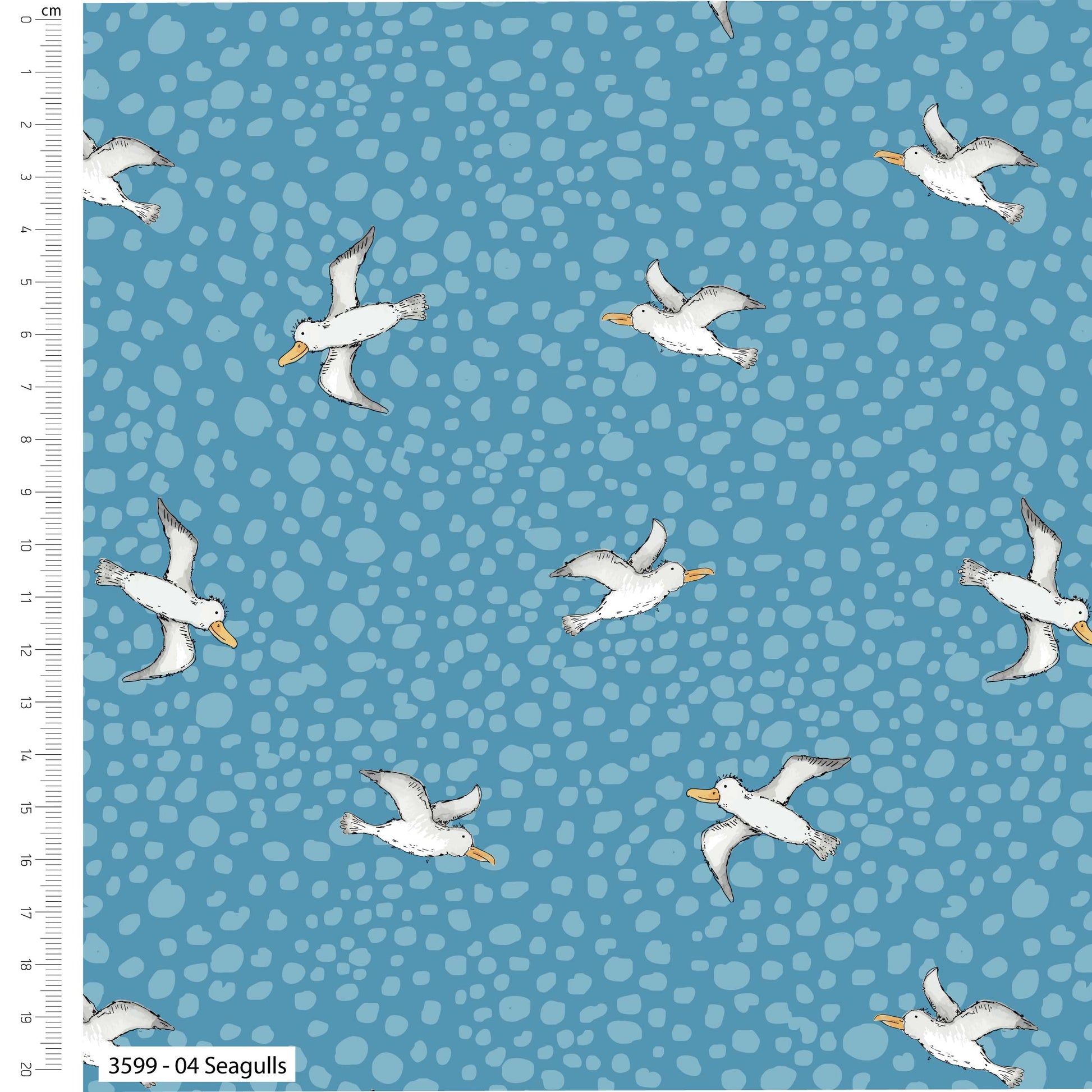 Pattern of seagulls on a blue background with a ruler on the side.