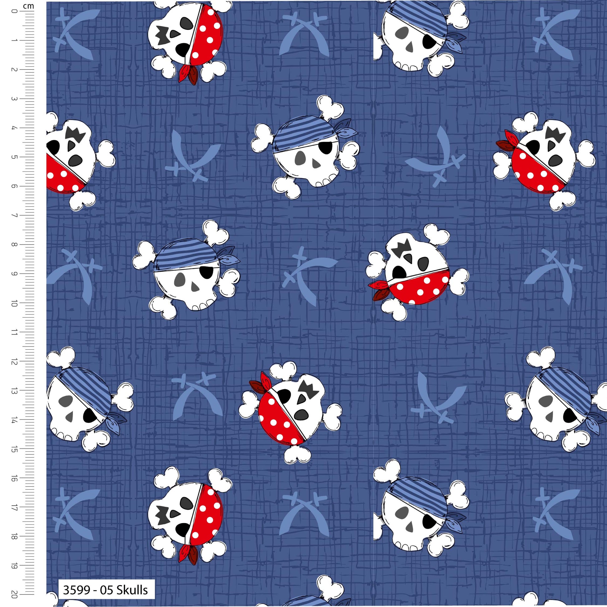 Fabric with pirate-themed pattern including skulls, swords, and bandanas on a blue background.