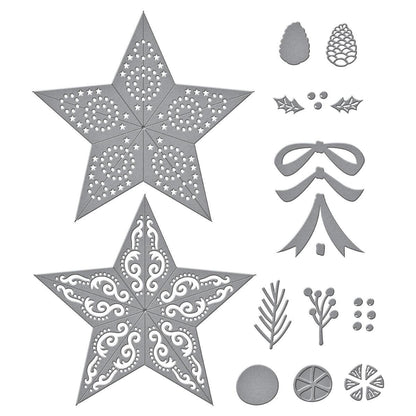 Decorative metal cutting dies with star shapes and Christmas elements on a white background