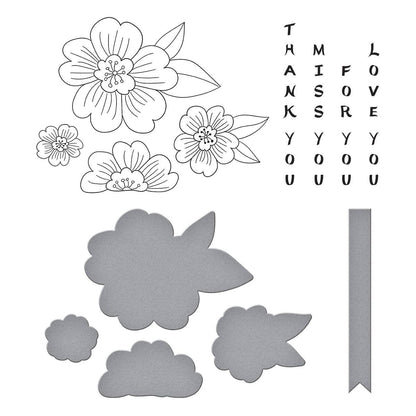 Set of floral and cloud cutouts with text on a white background