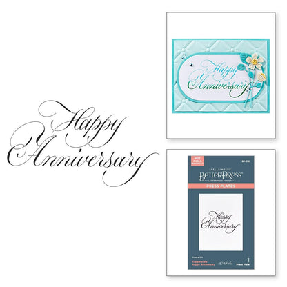 Happy Anniversary card with decorative elements and a BetterPress press plate packaging on a white background.