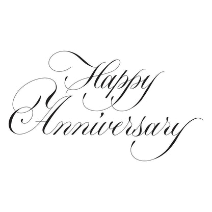 Calligraphic 'Happy Anniversary' text on a white background