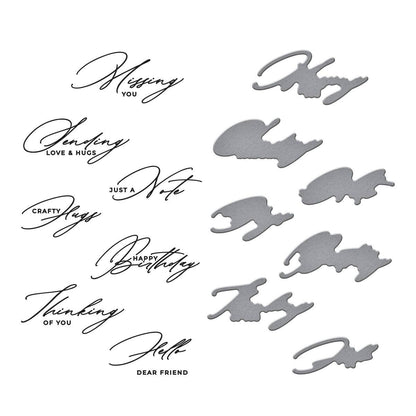 Metallic cutout letters and phrases on a white background