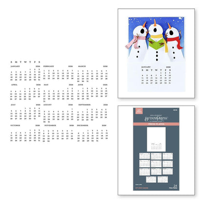 Calendar with snowman design, additional calendar on a white background, and Better Press product packaging.