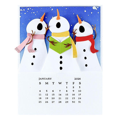 Calendar with snowmen design for January 2026 on a blue snowy background