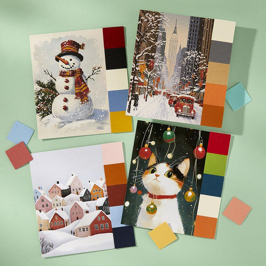 Four Christmas-themed greeting cards on a green background with color swatches.