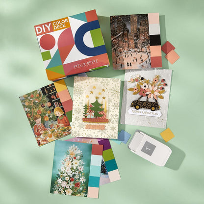 Collection of greeting cards and a DIY color deck on a green background