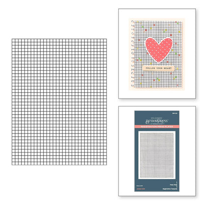 Three sheets of paper with grid patterns and a heart design on a white background