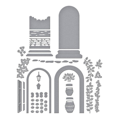 Scene-building cardmaking dies with door, arch, and flower pot