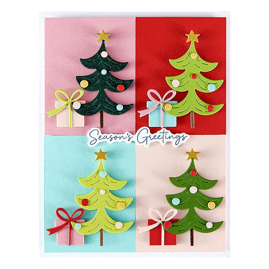 Four Christmas-themed cards with trees and presents on a white background