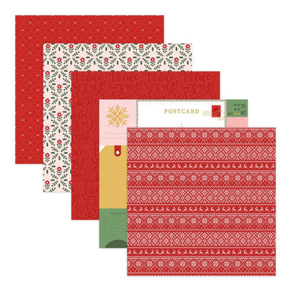 Set of red and patterned stationery items on a white background