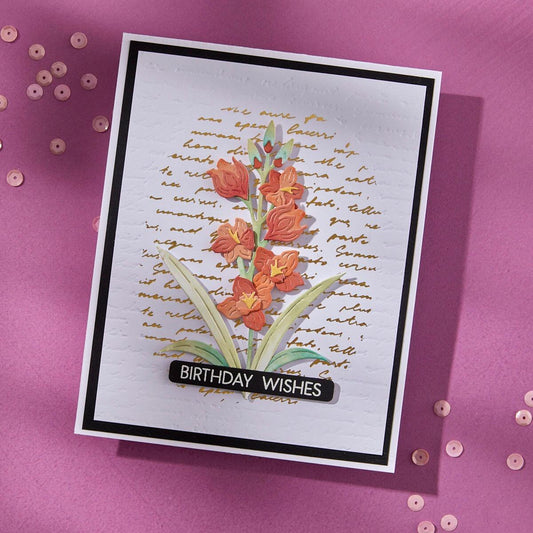 Greeting card with floral design and 'Birthday Wishes' text on a pink background