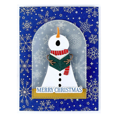 Christmas card with a snowman design on a blue background with snowflakes.