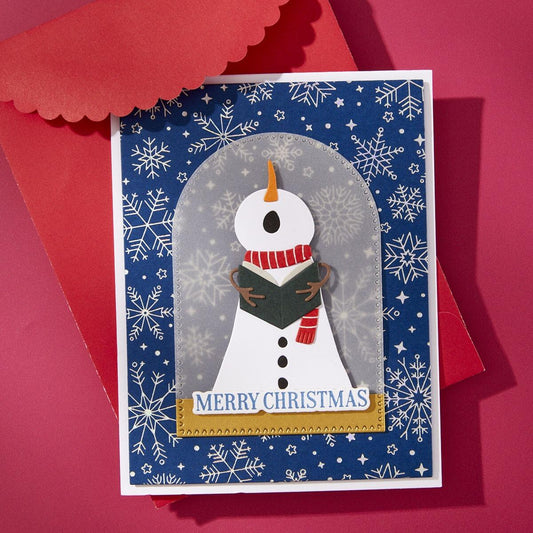 Christmas card with a snowman design on a red background