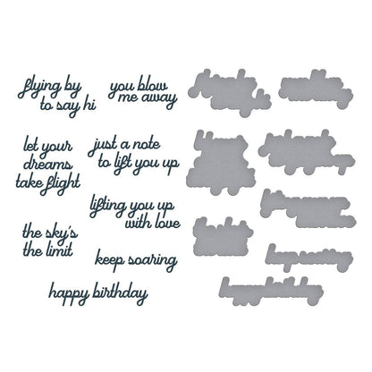 Set of cut-out phrases and words on a white background