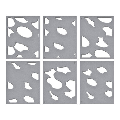 Six gray metal panels with cut-out geometric shapes on a white background