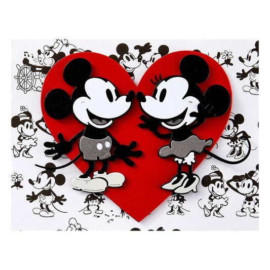 Cartoon characters kissing behind a red heart with smaller figures around on a white background