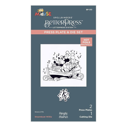 Moose Spellbinders BetterPress press plate and die set packaging with Steamboat Willie design.
