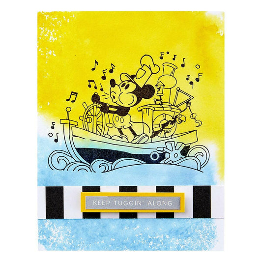 Illustration of a character on a ship with musical notes against a yellow and blue gradient background.